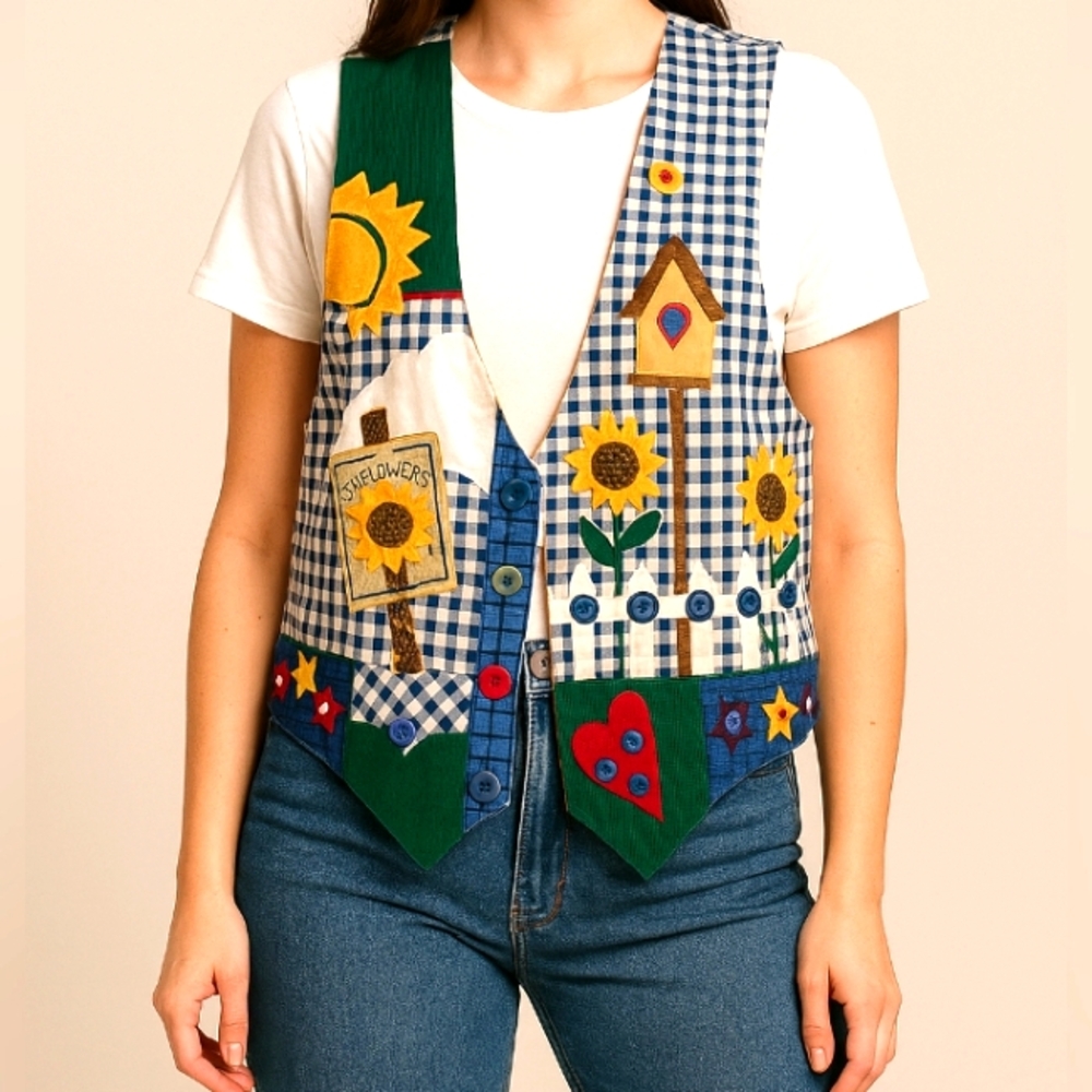 Cottage Core Sunflowers Birdhouses 90's Open Vest 1X Country Farm